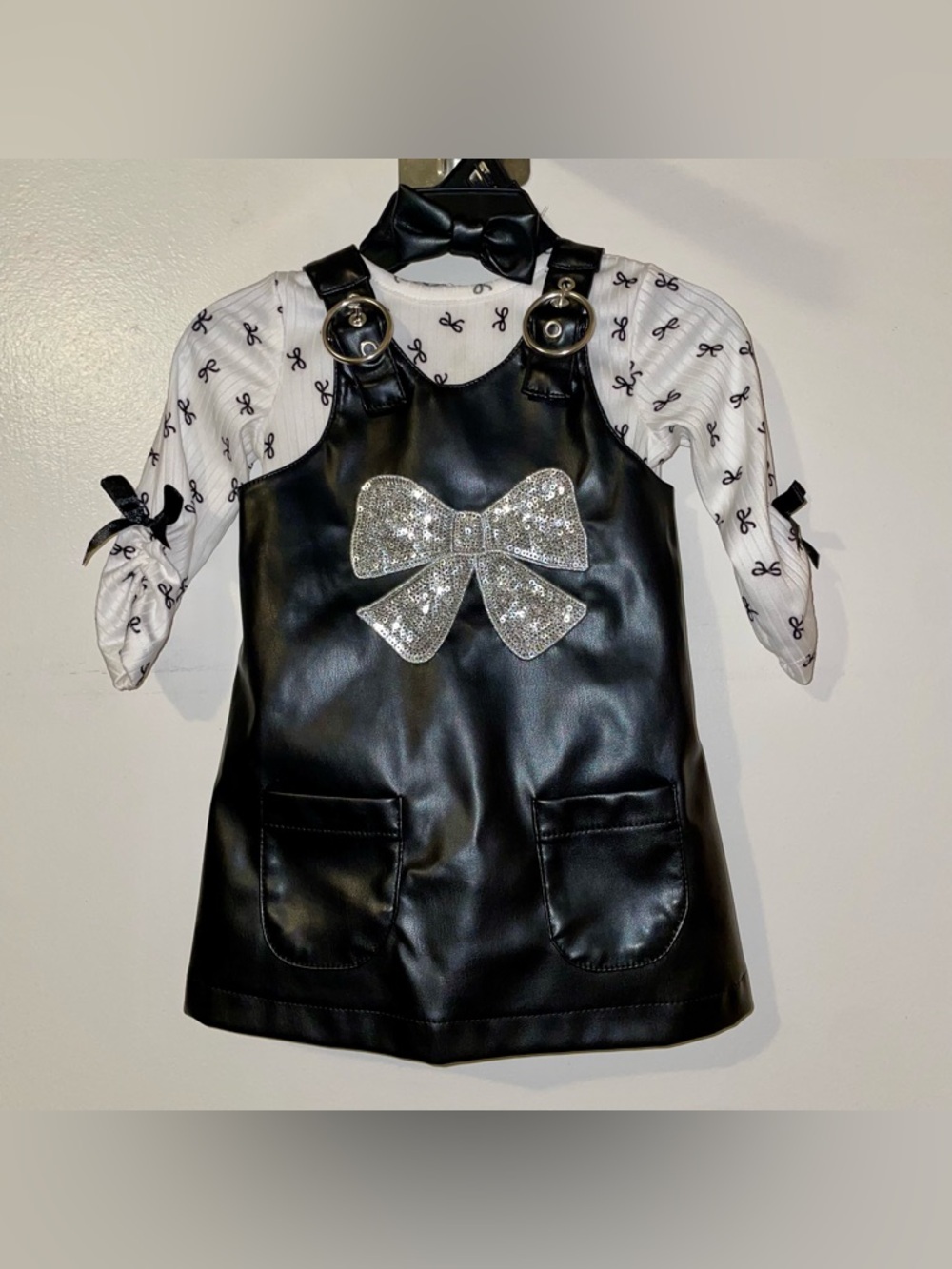 Nannette Black Faux Leather Dress with Silver Sequin Bow